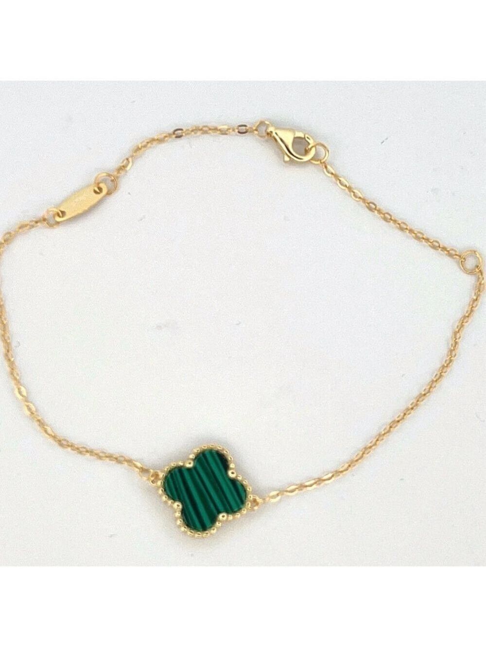 18k Gold Plated sterling silver Green Malachite Clover Bracelet - Picture 2 of 3